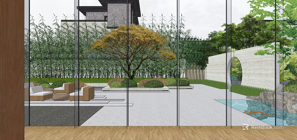 Modern Garden Landscape With Bamboo Trees Yellow Leaf Tree Lawn Seating And Pool 3d model