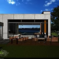 Modern Living Dining Room With Large Glass Doors Connecting Outdoor Lawn Patio And Sea View