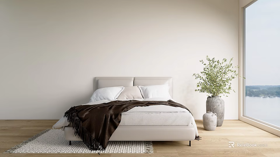 Minimalist Modern Bedroom Interior With White Bed Brown Blanket And Green Plant 3d model 
