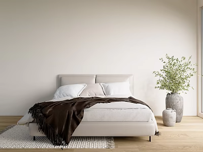 Minimalist Modern Bedroom Interior With White Bed Brown Blanket And Green Plant 3d model