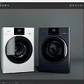 Modern Front Loading Washing Machines in White and Dark Blue with Digital Control Panels