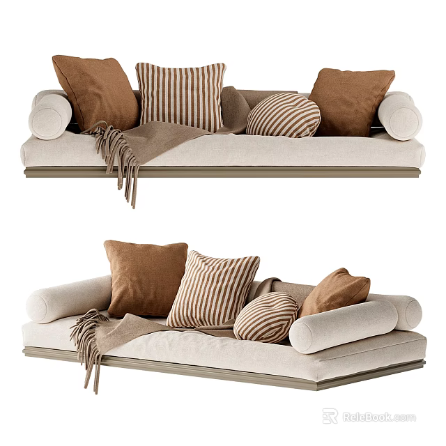 Comfy Beige Lazy Sofa With Brown And Striped Pillows And Soft Blanket 3d model 