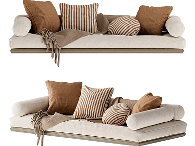 Comfy Beige Lazy Sofa With Brown And Striped Pillows And Soft Blanket 3d model