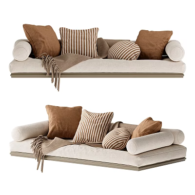 Comfy Beige Lazy Sofa With Brown And Striped Pillows And Soft Blanket 3d model