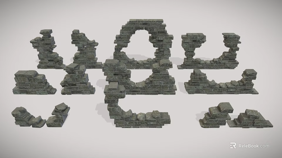 Stone Building Exterior Wall Ruins With Arches Columns And Various Shapes 3d model 