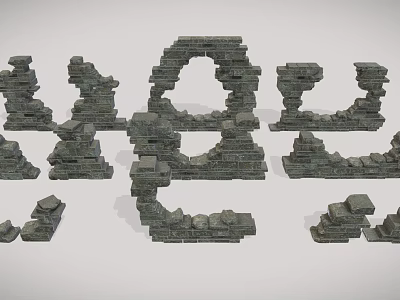 Stone Building Exterior Wall Ruins With Arches Columns And Various Shapes 3d model