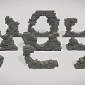 Stone Building Exterior Wall Ruins With Arches Columns And Various Shapes