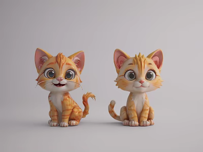 Two Adorable Orange Kitten Plush Dolls With Big Eyes Sitting In Cartoon Style 3d model