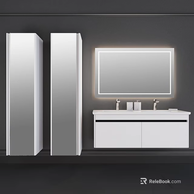 Modern White Bathroom Vanity With Lighted Mirror And Tall Side Cabinets 3d model