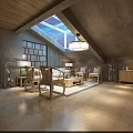 Clubhouse Mahjong Room With Turquoise Walls Wooden Ceiling Framed Paintings And Geometric Chandeliers