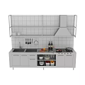 Modern Commercial Kitchen Equipment With Stainless Steel Cabinets Stove Range Hood Sink And Storage Compartments