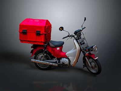 Red Motorcycle With Large Red Box Mounted On Back Seat 3d model