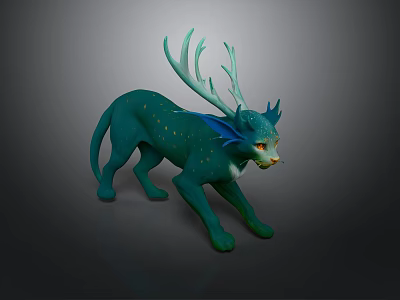 Mythical Green Feline Creature With Antlers Blue Ears And Yellow Spots 3d model
