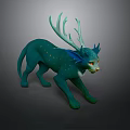 Mythical Green Feline Creature With Antlers Blue Ears And Yellow Spots