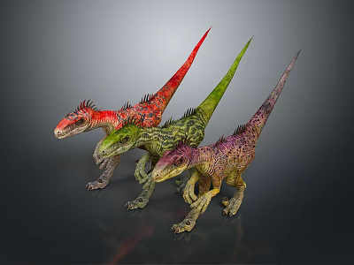Colorful Spiked Dinosaur Figures Standing On Dark Background With Detailed Features 3d model