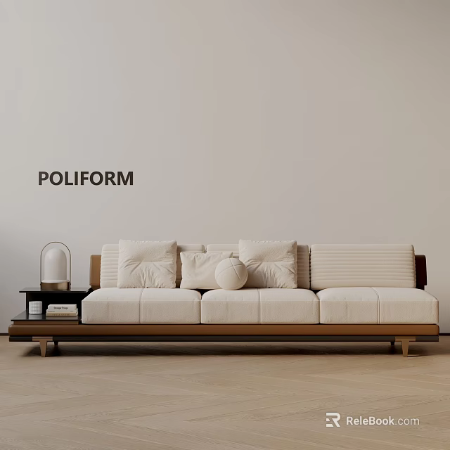 POLIFORM Three Seater Sofa with Multiple Pillows and Side Table Lamp on Wooden Floor 3d model 