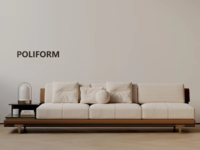 POLIFORM Three Seater Sofa with Multiple Pillows and Side Table Lamp on Wooden Floor 3d model