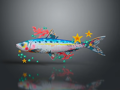 Colorful Spotted Fish With Red Coral Yellow Stars And Green Dots 3d model