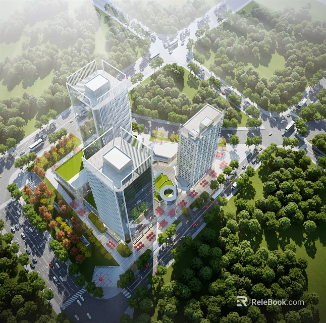 Bird's Eye View Planning of Modern Urban District with Buildings Greenery and Road Network 3d model 
