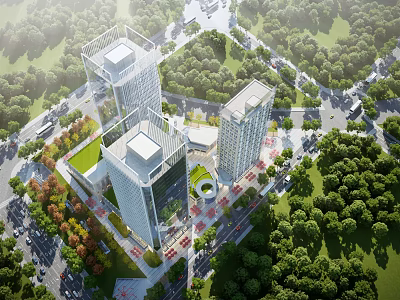 Bird's Eye View Planning of Modern Urban District with Buildings Greenery and Road Network 3d model