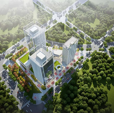 Bird's Eye View Planning of Modern Urban District with Buildings Greenery and Road Network 3d model
