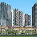 Modern High Rise Office Buildings With Commercial Center And Green Plaza