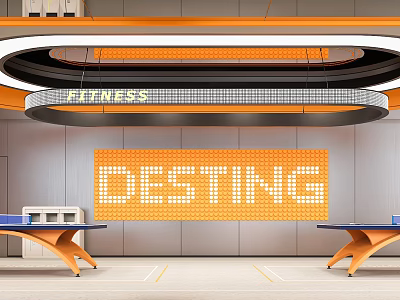 Modern Fitness Studio Interior With Orange Desting Signage And Training Tables 3d model