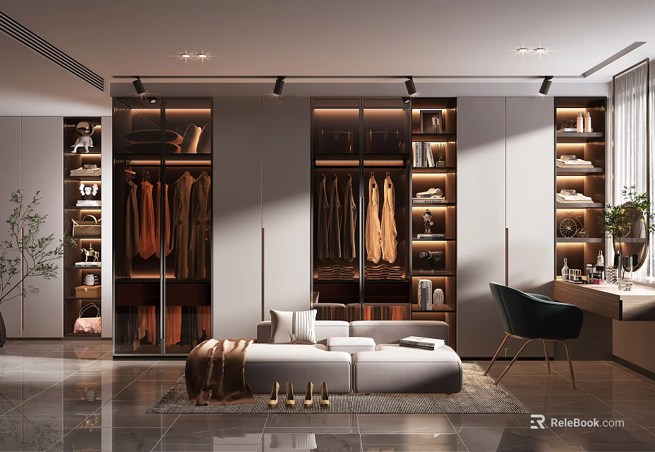 Modern Elegant Walk in Closet Interior With Hanging Clothes Cabinets And Comfortable Bench Dressing Table 3d model 