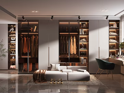 Modern Elegant Walk in Closet Interior With Hanging Clothes Cabinets And Comfortable Bench Dressing Table 3d model