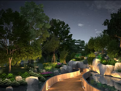 Tranquil Garden Landscape Design With Lush Trees Flowers Plants Rocks Wooden Walkway And Pond 3d model