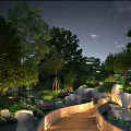 Tranquil Garden Landscape Design With Lush Trees Flowers Plants Rocks Wooden Walkway And Pond
