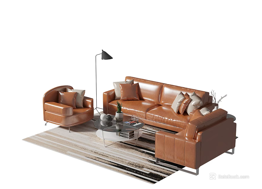Modern Brown Leather Sofa Set With Glass Coffee Table Floor Lamp And Pillows 3d model