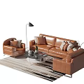 Modern Brown Leather Sofa Set With Glass Coffee Table Floor Lamp And Pillows 3d model