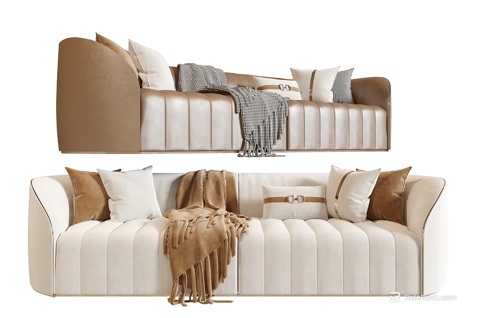 Modern Brown And Beige Sectional Sofa With Decorative Pillows And Throw Blanket 3d model 