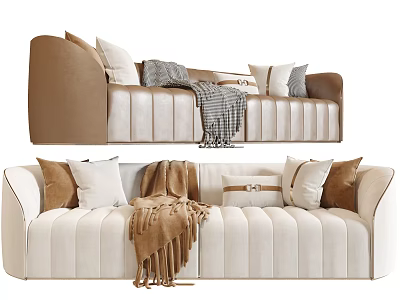 Modern Brown And Beige Sectional Sofa With Decorative Pillows And Throw Blanket 3d model