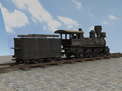 Vintage Steam Train With Old Cargo Car On Railway Tracks Under Blue Sky 3d model
