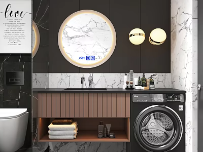 Bathroom Vanity With Round Illuminated Mirror Marble Wall Washing Machine And Toiletries 3d model