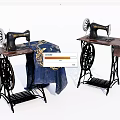 Vintage Industrial Sewing Machines With Iron Framed Tables And Embroidered Fabric