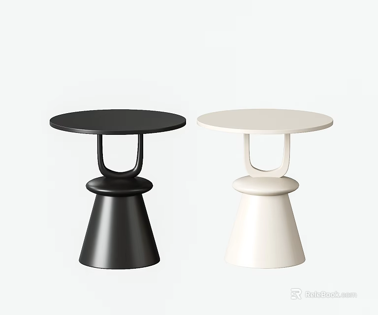Modern Black and White Side Tables with Round Tops and Conical Bases Loop Design 3d model