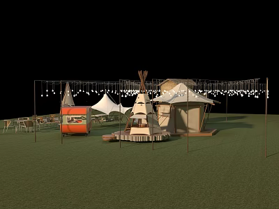 Glamping Tents and Tipi Tent Setup on Green Grass With String Lights and Outdoor Furniture 3d model