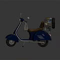 Dark Blue Scooter With Brown Seat Light Colored Bag Black Basket And Tire