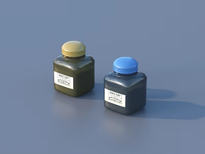 Square Shaped Perfume Cosmetic Bottles With Yellow And Blue Caps And Labels 3d model