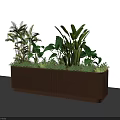 Brown Rectangular Garden Planter with Various Green Foliage Plants and Lush Greenery 3d model