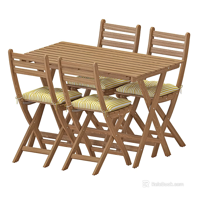 Wooden Dining Table Set With Four Chairs And Striped Seat Cushions 3d model 