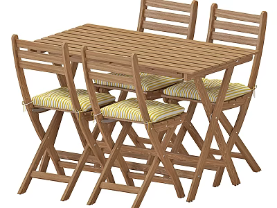 Wooden Dining Table Set With Four Chairs And Striped Seat Cushions 3d model
