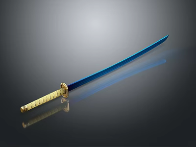 Traditional Katana Sword With Blue Blade And Golden Handle Shiny Surface 3d model