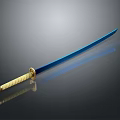 Traditional Katana Sword With Blue Blade And Golden Handle Shiny Surface