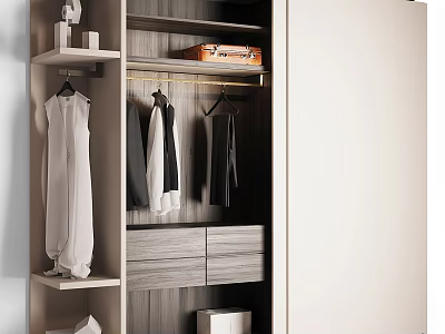 Modern Wooden Wardrobe With Hanging Clothes Luggage Drawers And Open Shelves 3d model