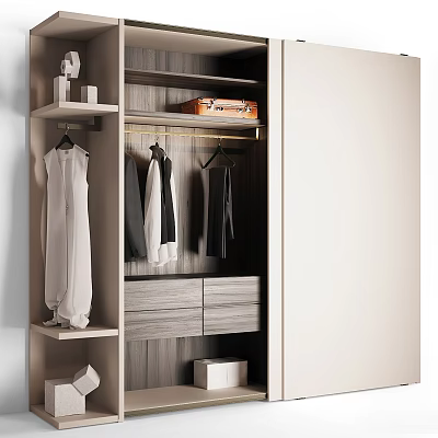 Modern Wooden Wardrobe With Hanging Clothes Luggage Drawers And Open Shelves 3d model