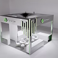Modern Bango Exhibition Booth With White Green Design Geometric Vertical Stripes And Tables Chairs